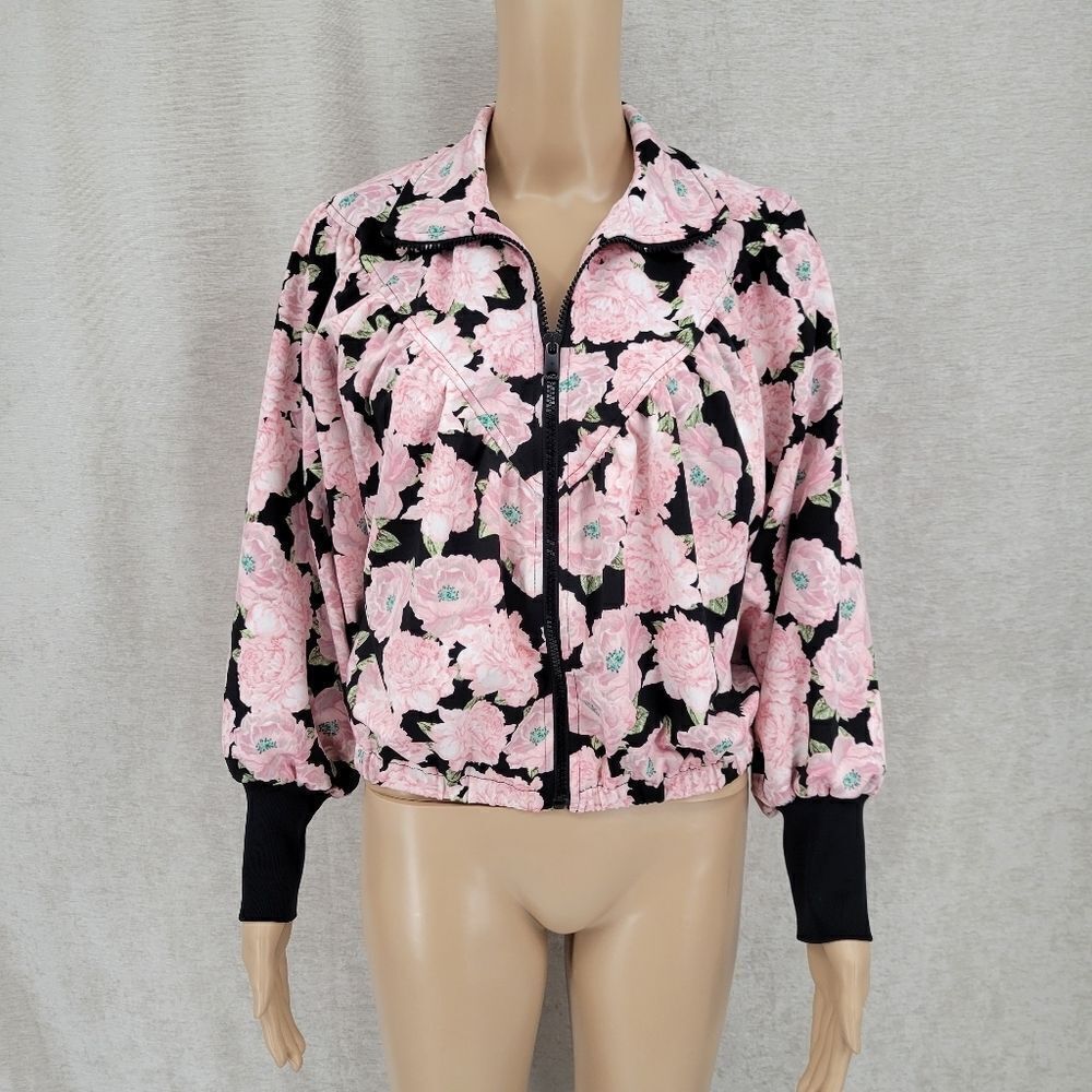 Zara Floral Printed Bomber Jacket Light Pink and Black Women's Small